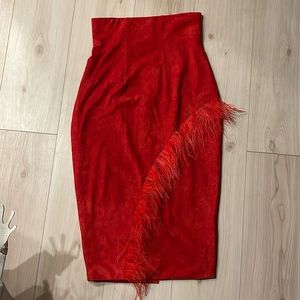 Hanifa red form fitting feather skirt